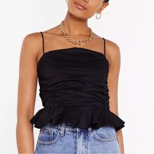 Nasty Gal Black 100% Cotton Ruched Spaghetti Strap Ruffle Crop Top Sz 6 (Small)
